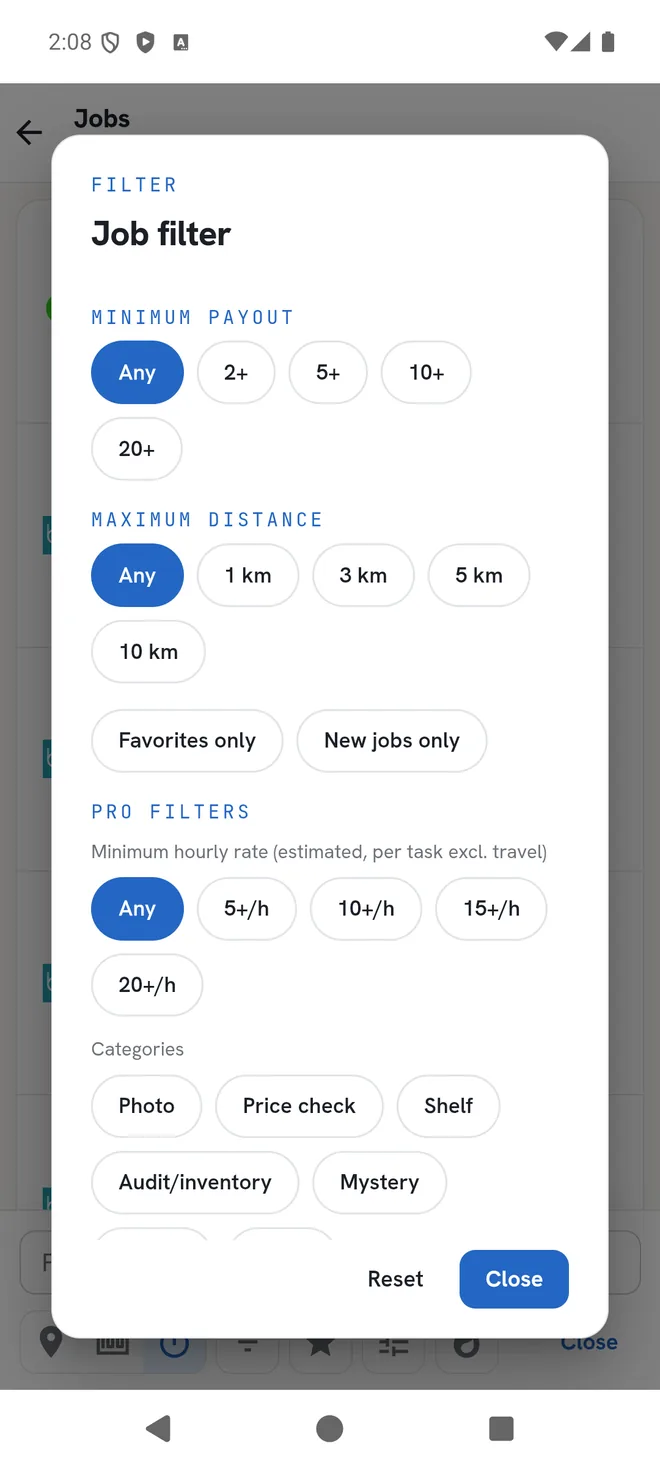 Minimum payout, distance, hourly rate, category — set once.